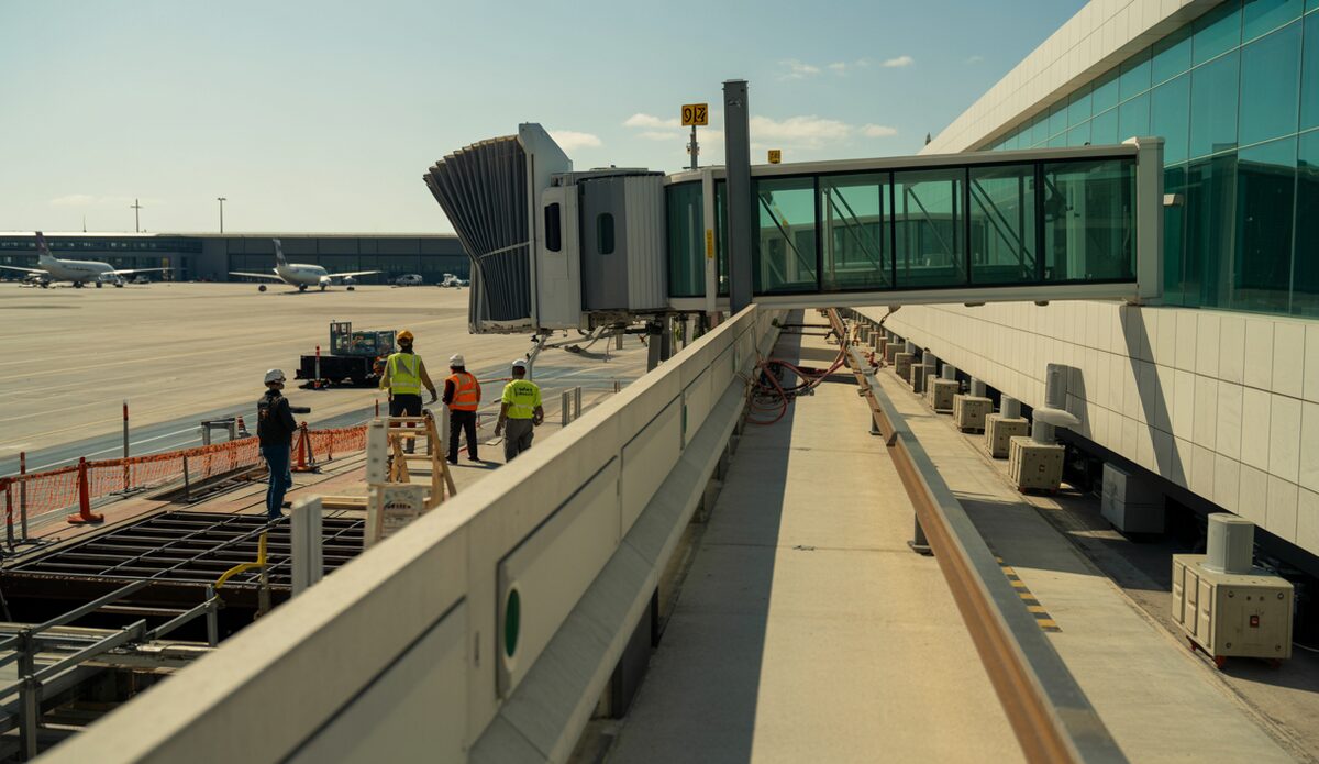 Modernisierungsarbeiten am Flughafen Palma mit Bauarbeitern und neuer Infrastruktur.