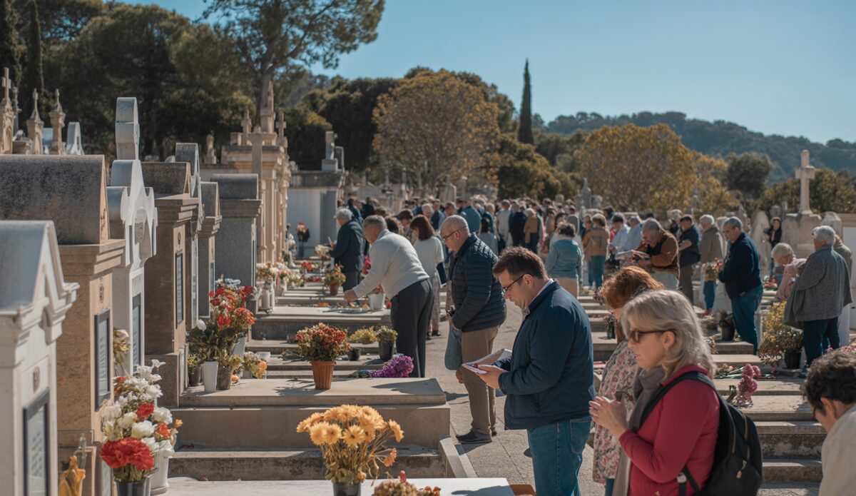 Friedhof auf Mallorca während Tots Sants mit Blumen und Besuchern