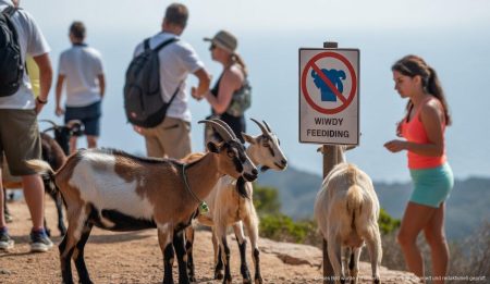 Strengere Regeln zum Schutz wilder Ziegen auf Mallorca eingeführt Wilde Ziegen auf Mallorca mit Verbotsschild gegen Fütterung