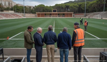 Modernisierung des Fußballfeldes Sa Plana in Andratx mit Arbeitern und neuen Anlagen