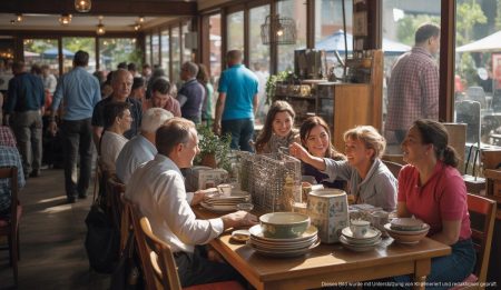 Gastro-Trödelmarkt im Schatzi von Kultwirtin Marion Pfaff Gastro-Trödelmarkt im Schatzi Peguera mit verschiedenen Ständen und Besuchern.