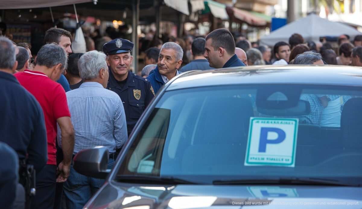 Polizisten überprüfen Parkplatz mit gefälschtem Parkausweis vor Olivar Markt, Palma.