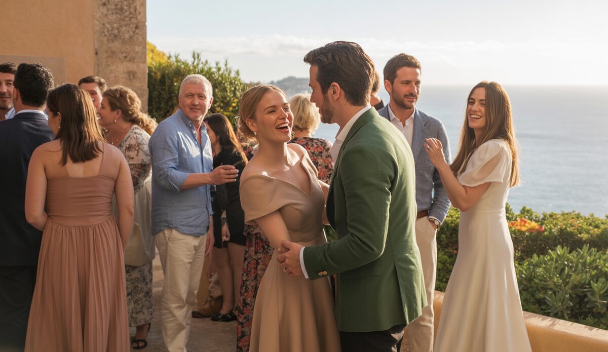 Elegante Herbsthochzeit in Cap Rocat auf Mallorca mit Brautpaar und Gästen