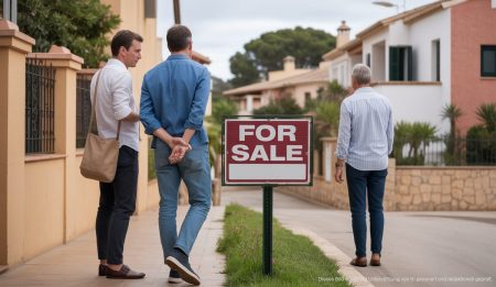 Ein typisches Wohnviertel auf den Balearen mit einem zum Verkauf stehenden Haus.