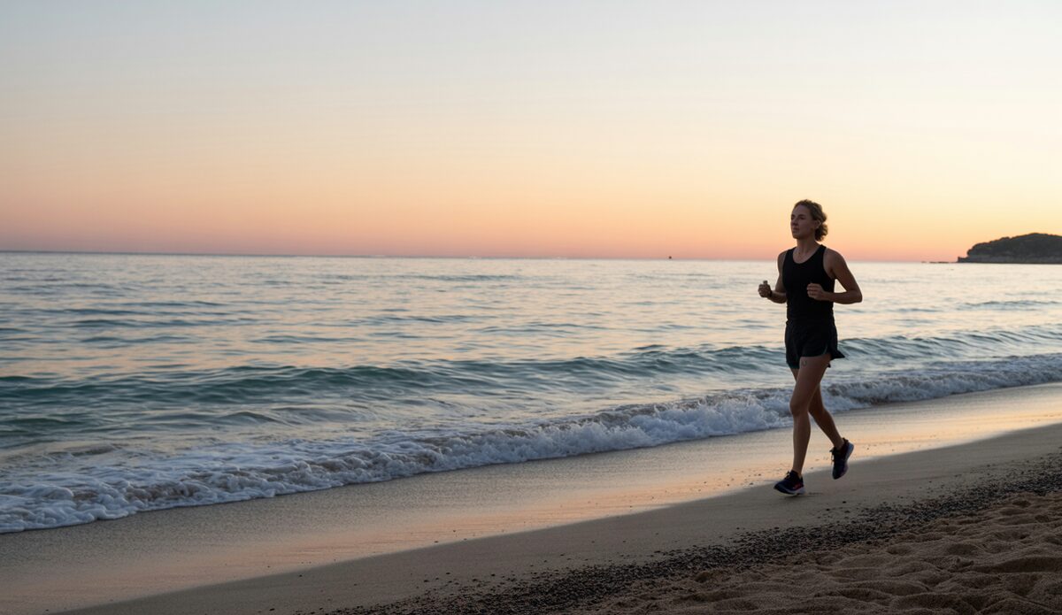Kim Flint am Strand von Mallorca bei Sonnenuntergang.