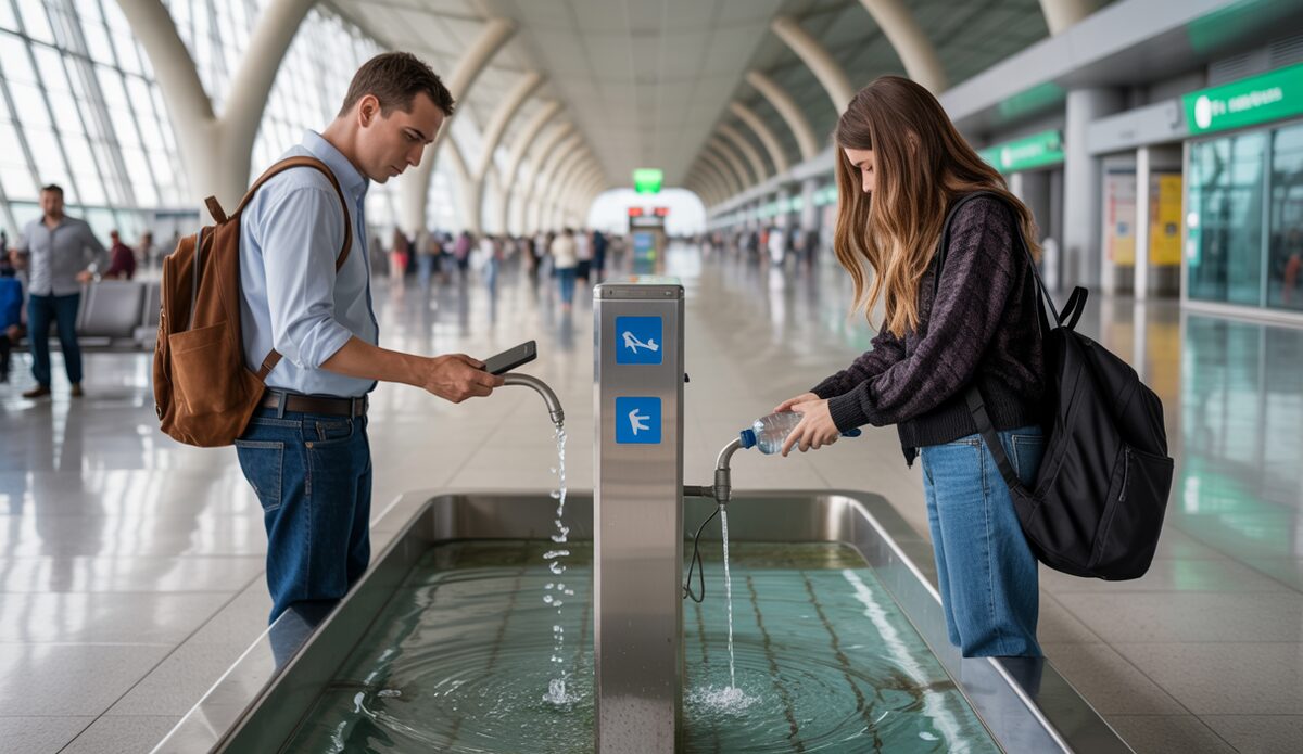 Kostenlose Services am Flughafen Palma de Mallorca mit Wasserbrunnen und Ladestationen