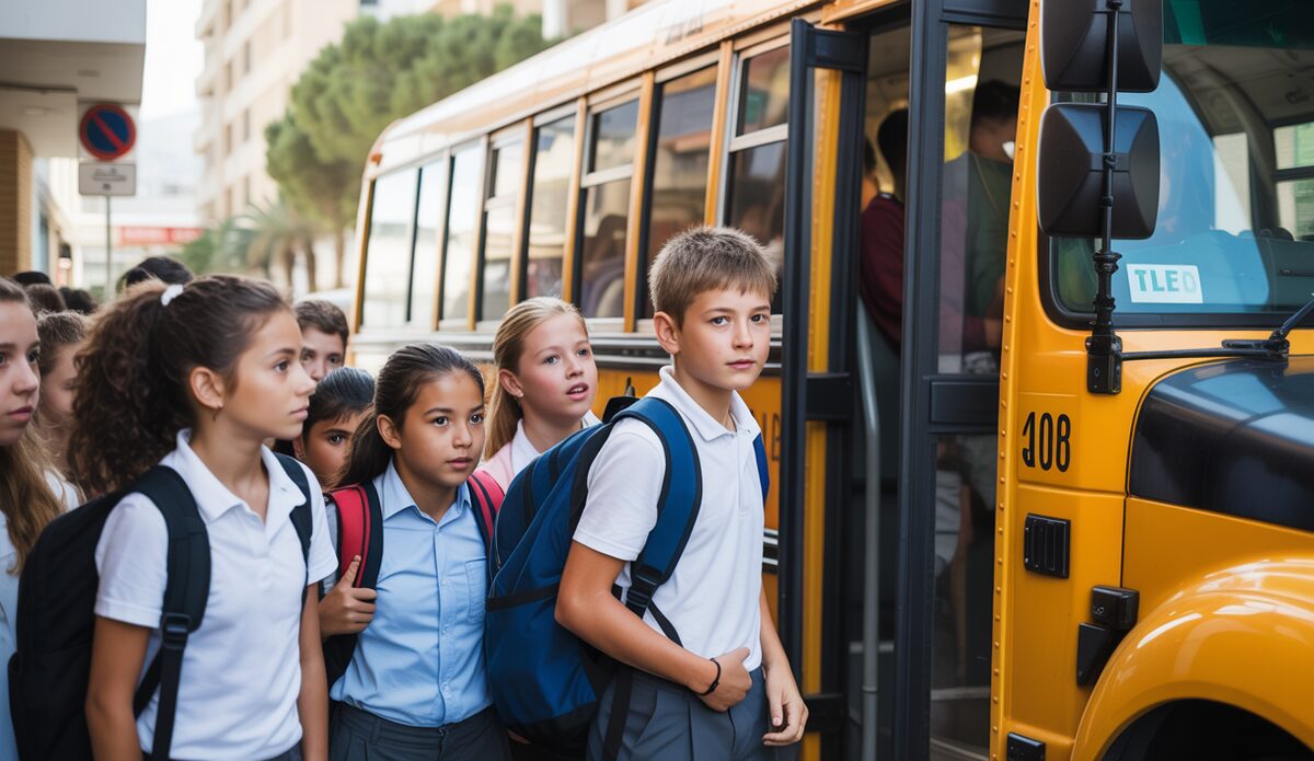 Berufsschüler auf den Balearen steigen in einen Schulbus ein