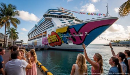 Kreuzfahrt der Extraklasse: Palma wird zum Rock’n’Roll-Kreuzfahrt-Zentrum Kreuzfahrtschiff Marella Discovery im Hafen von Palma mit 80er und 90er Jahre Dekoration