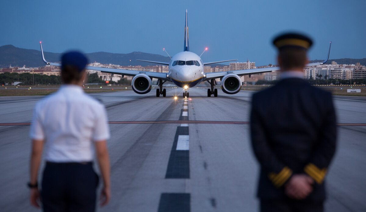 Ryanair-Flugzeug im Landeanflug auf Palma de Mallorca mit Laser
