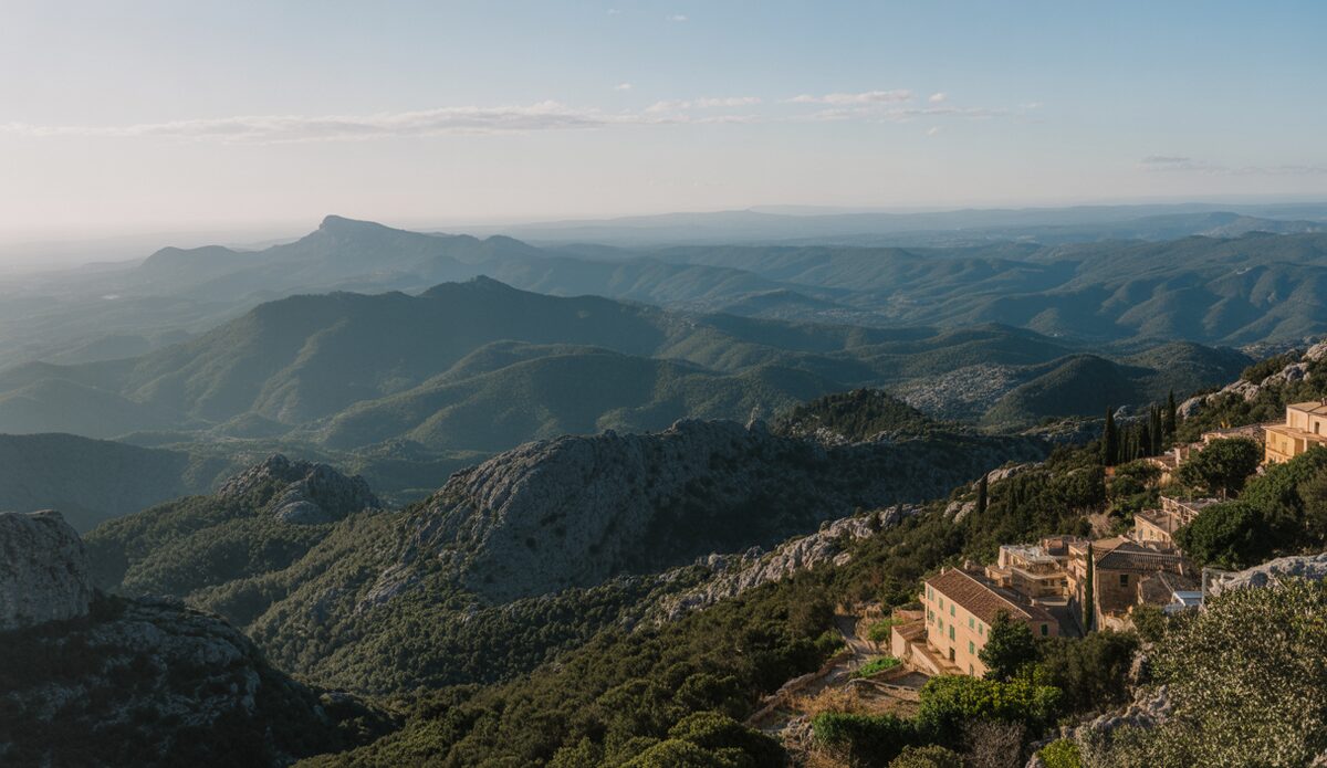 Panoramablick auf die Serra de Tramuntana mit Bauten auf Mallorca