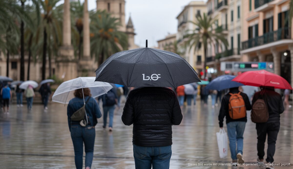 Leichter Regen auf Mallorca: Wetterbericht vom 30. November 2025 Regenschauer in Palma de Mallorca: Menschen mit Schirmen