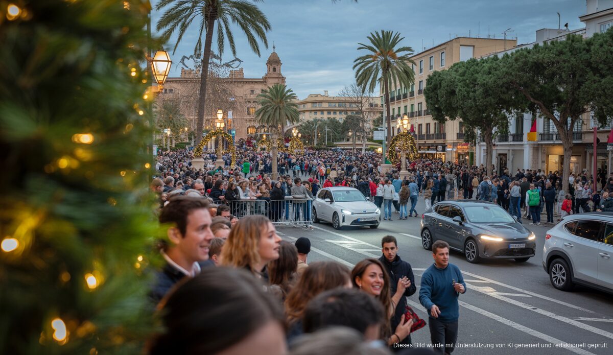 Weihnachtslichter und Menschenmassen auf der Plaza España in Palma de Mallorca