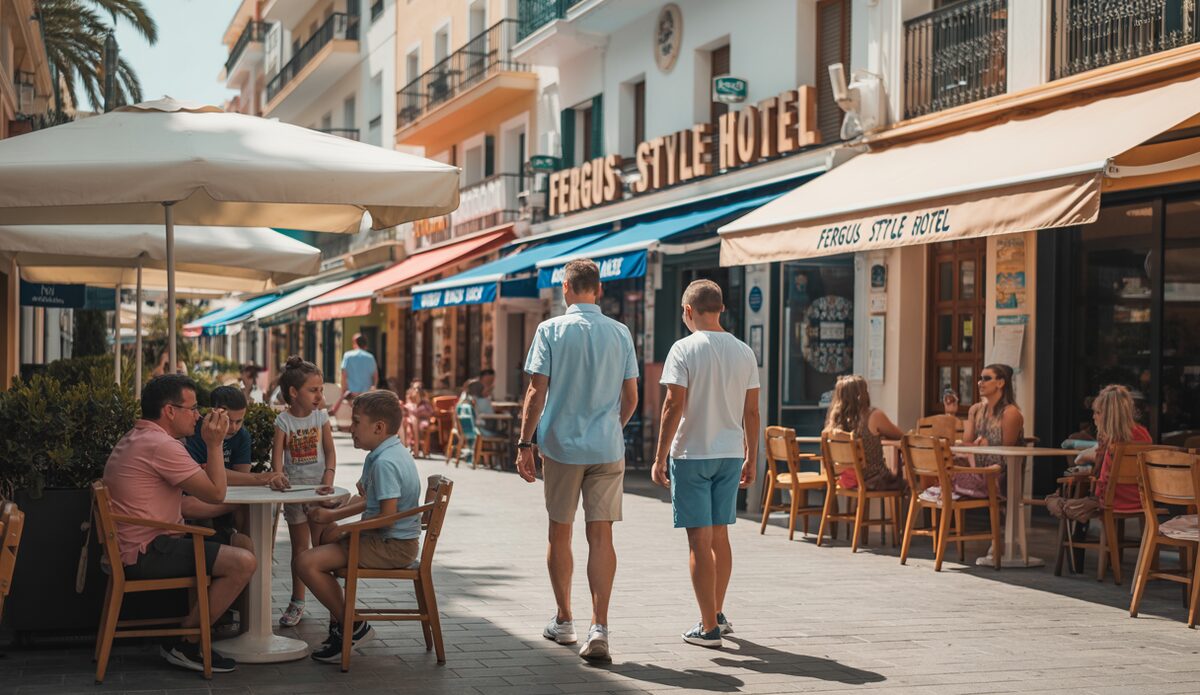 Touristen genießen einen Nachmittag in Magaluf, umgeben von nachhaltigen Hotelangeboten.