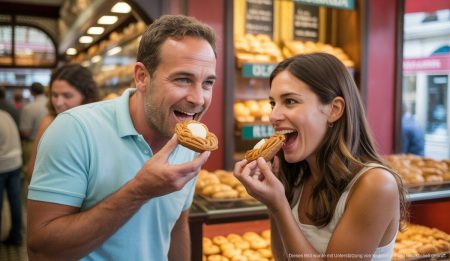 Mallorca: Ensaimada-Viralvideo begeistert Feinschmecker Touristen probieren frische Ensaimadas in einer Bäckerei auf Mallorca.