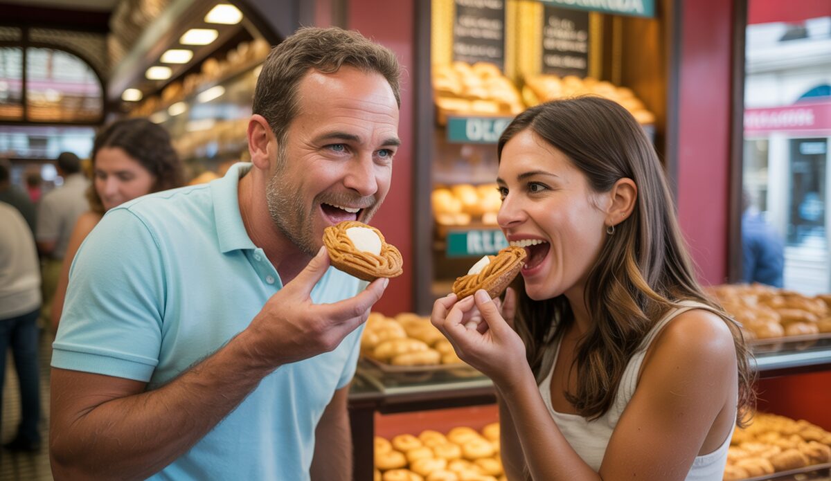 Touristen probieren frische Ensaimadas in einer Bäckerei auf Mallorca.