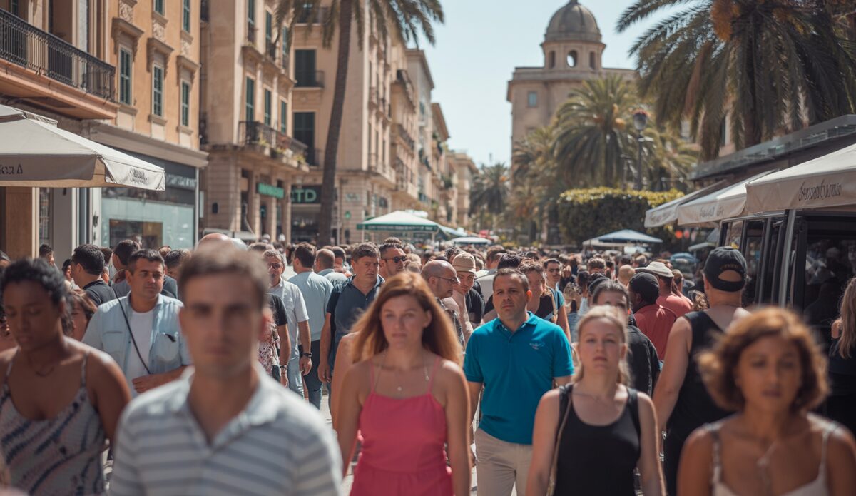 Belebte Straße in Palma de Mallorca mit vielen Menschen im Sommer
