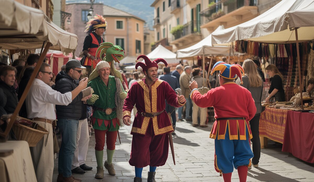 Mittelaltermarkt in Inca, Mallorca, mit Gauklern und Drachen