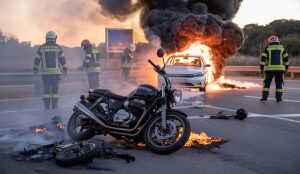 Dramatischer Unfall mit Motorrad in Palma de Mallorca, bei dem das Fahrzeug in Flammen steht.