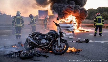 Dramatischer Unfall mit Motorrad in Palma de Mallorca, bei dem das Fahrzeug in Flammen steht.