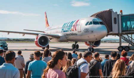 Neue Direktflüge verbinden Mallorca mit wichtigen internationalen Zielen Passagiere vor einem modernen Airbus A321LR am Flughafen von Palma de Mallorca.