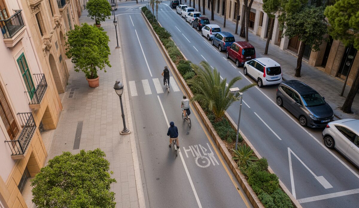 Neuer Radweg und Investitionen in Palma de Mallorca Stadtansicht von Palma de Mallorca mit Radweg in der Calle Blanquerna.