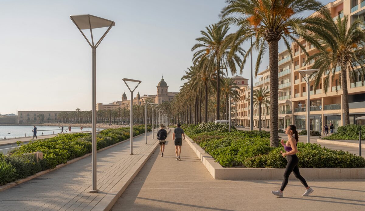 Erneuerter Uferboulevard in Palma de Mallorca mit grünem Stadtbild.