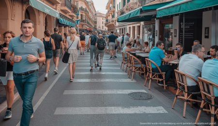 Kritik an Palmas Umgang mit Terrassen und Caravanisten Straßenszene mit Terrassen in Palma, Markierungen fehlen