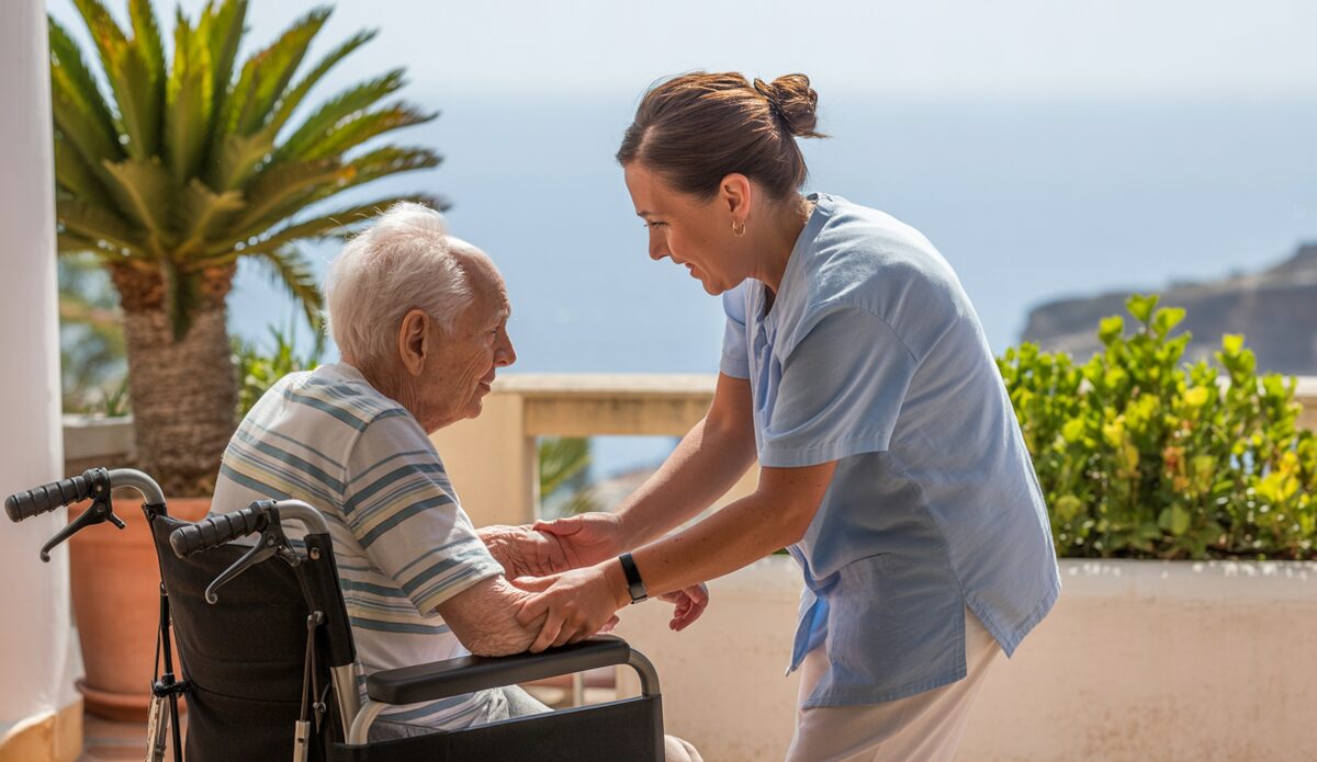 Betreuungspersonal und älterer Mensch auf Terrasse auf Mallorca