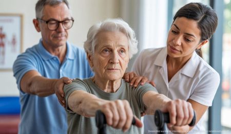 Physiotherapie fördert aktives Altern auf den Balearen Ältere Person bei Physiotherapie auf den Balearen mit Therapeut