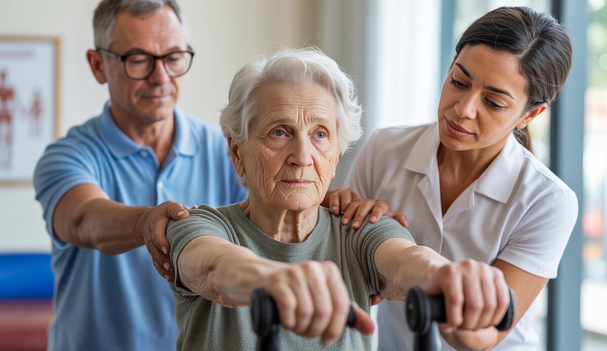 Physiotherapie fördert aktives Altern auf den Balearen Ältere Person bei Physiotherapie auf den Balearen mit Therapeut