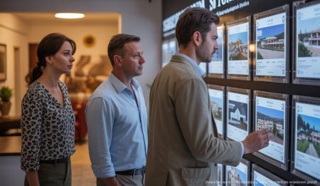 Polnische Immobilienkäufe auf Mallorca nehmen durch Ukraine-Krieg zu Polnische Käufer betrachten Immobilienangebote in einem Maklerbüro in Palma de Mallorca.