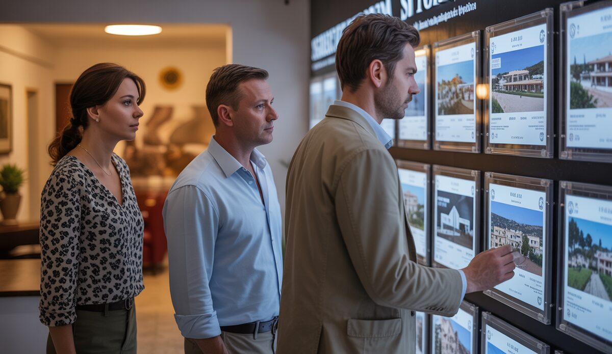 Polnische Käufer betrachten Immobilienangebote in einem Maklerbüro in Palma de Mallorca.