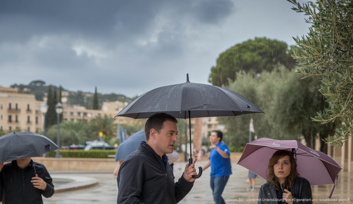 Regen bringt Abkühlung nach Santa Ponsa Leichter Regen in Santa Ponsa, Mallorca, Menschen mit Regenschirmen.