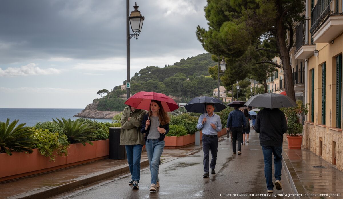 Regnerisches Wetter in Port d'Andratx mit Personen und Regenschirmen