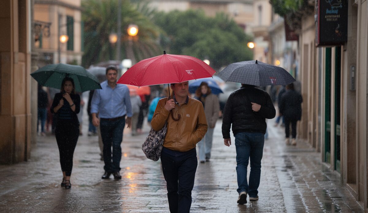 Regenwetter in Santanyí mit Einwohnern und Touristen unter Regenschirmen
