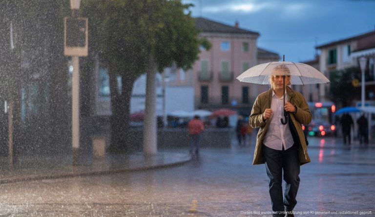 Heftige Regenschauer in Alcúdia erwartet: Wetterwarnung für Herbsttag Ein stürmischer Herbsttag in Alcúdia mit Regenschauer und überdachtem Spaziergänger.