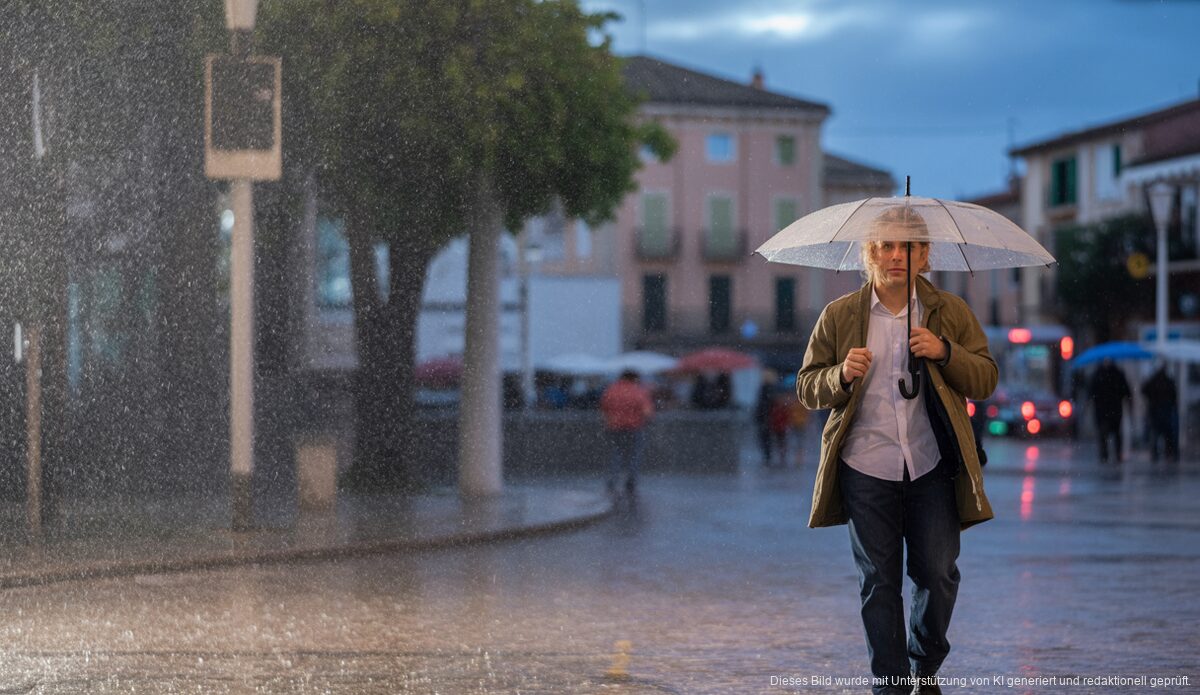 Ein stürmischer Herbsttag in Alcúdia mit Regenschauer und überdachtem Spaziergänger.