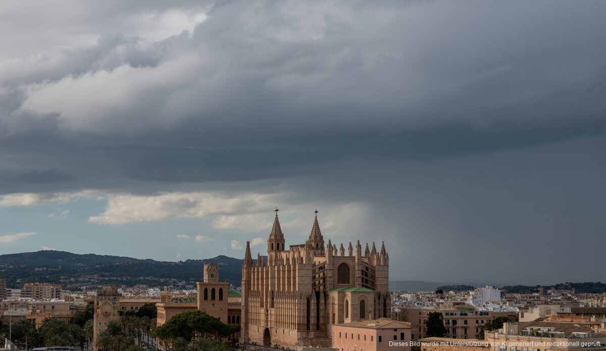 Starke Regenfälle auf Mallorca: Unwetterwarnungen für die Woche Dramatische Aufnahme eines stürmischen Himmels über Palma de Mallorca
