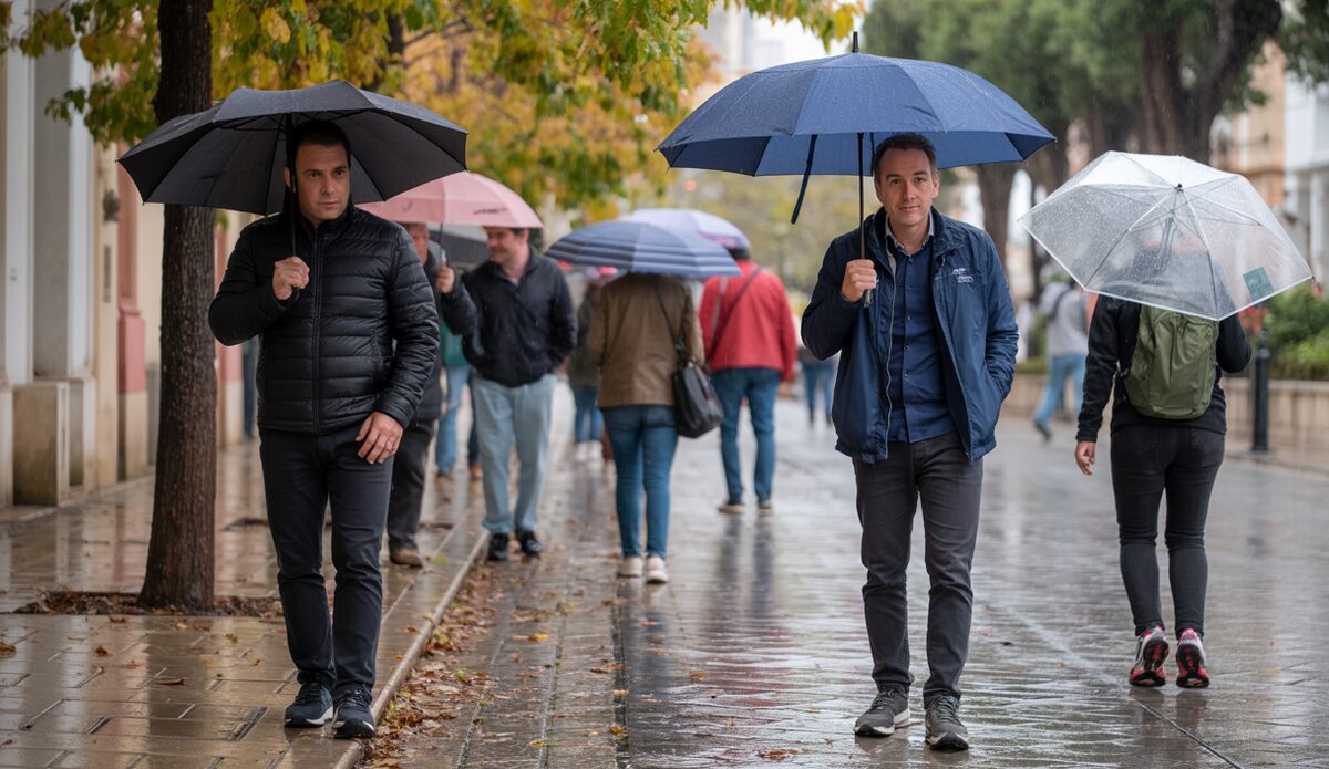 Regnerischer Herbsttag in Alcúdia mit Menschen und Regenschirmen