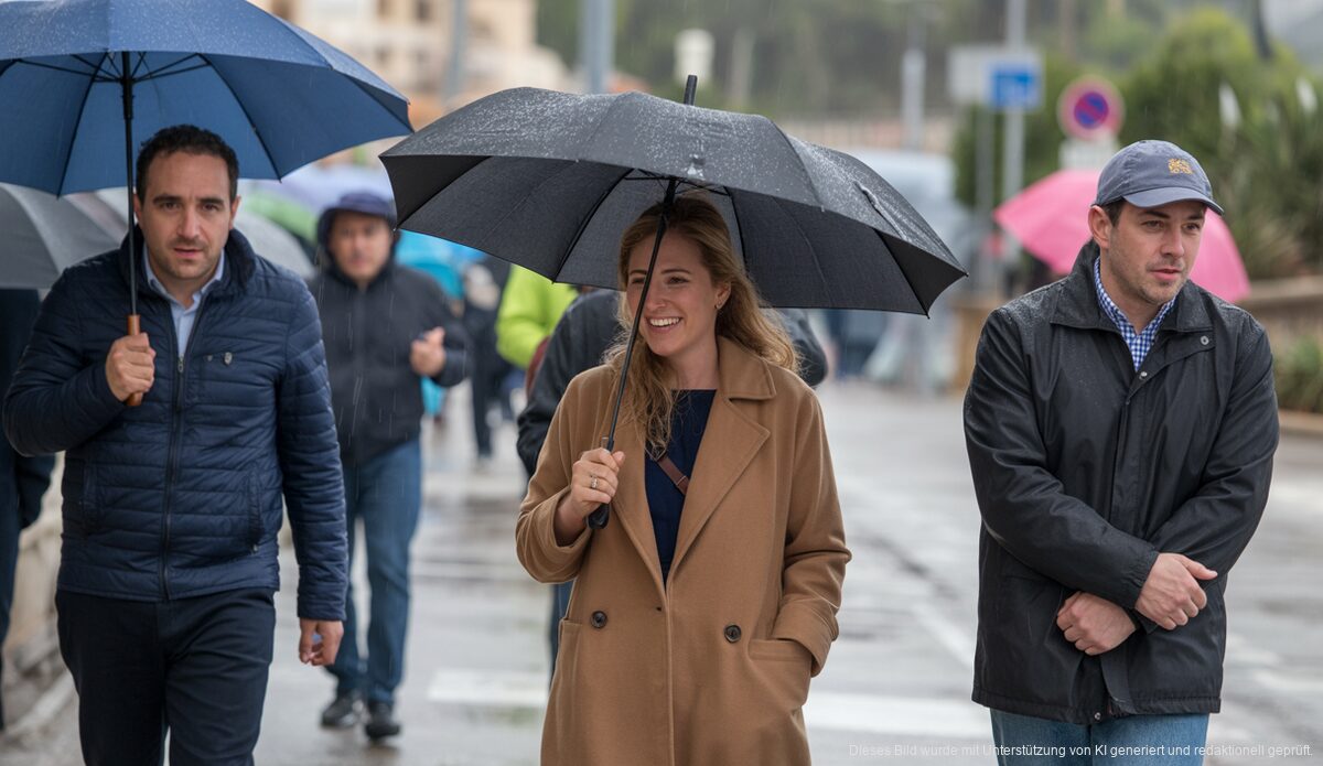 Regenwetter auf Mallorca, Menschen mit Regenschirmen unterwegs