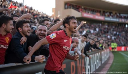 Mallorca sichert sich knappen Sieg gegen Getafe Mallorca Spieler jubelt nach einem Tor gegen Getafe im vollbesetzten Stadion.