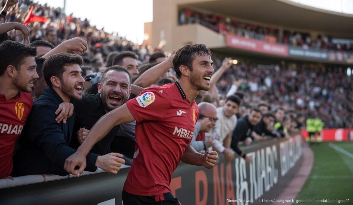 Mallorca Spieler jubelt nach einem Tor gegen Getafe im vollbesetzten Stadion.