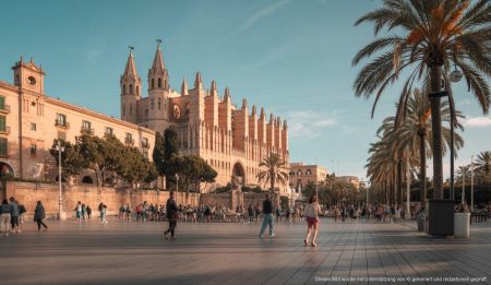 Sonniges Wetter in Palma de Mallorca: Perfekte Bedingungen für Aktivitäten im Freien Sonniger Tag in Palma de Mallorca mit blauen Himmel und lebhaften Straßen.