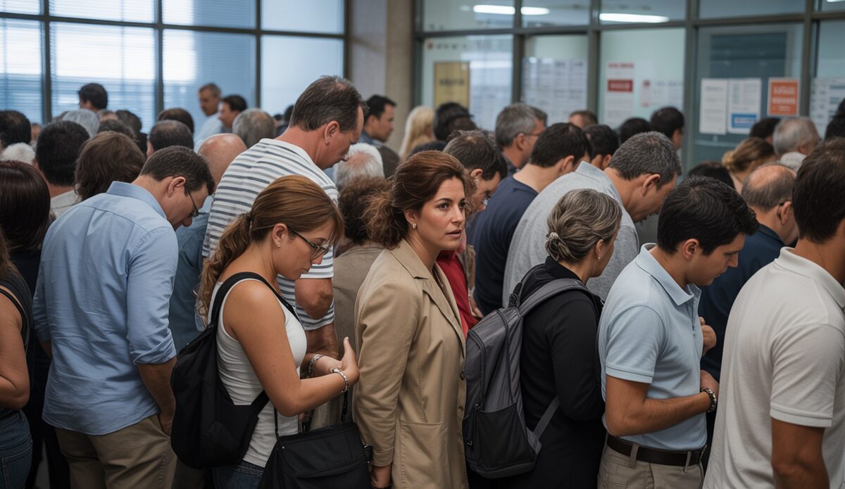 Menschen in langen Warteschlangen vor einem Büro auf Mallorca.
