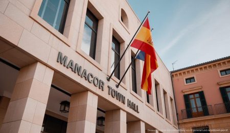 Sprachpolitik sorgt für Kontroversen bei der Polizei in Manacor Das Rathaus von Manacor bei Tageslicht mit wehender spanischer und katalanischer Flagge.