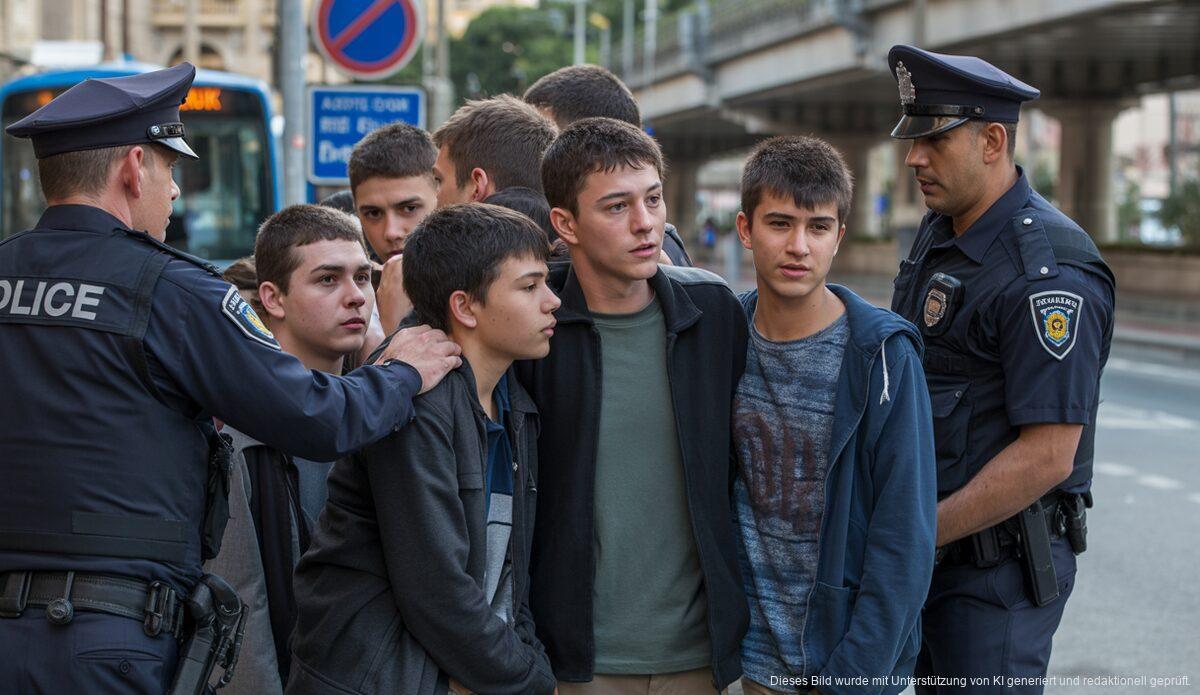 Polizisten ermitteln in Palma nachts, nachdem Jugendliche Steine auf einen Bus geworfen haben.