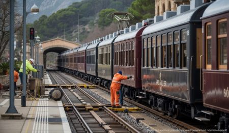Stilllegung des Sóller-Zugs für Wartungsarbeiten auf Mallorca Arbeiter führen Wartungsarbeiten am Sóller-Zug auf Mallorca durch.