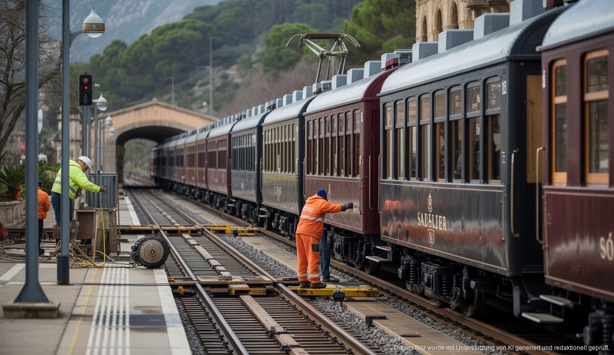 Arbeiter führen Wartungsarbeiten am Sóller-Zug auf Mallorca durch.