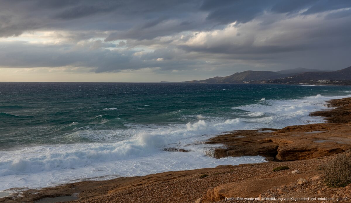 Stürmische Wetterfront bedroht Mallorca mit Regen und Wind Stürmische Wetterfront über der Küste von Mallorca mit rauer See und dunklen Wolken.
