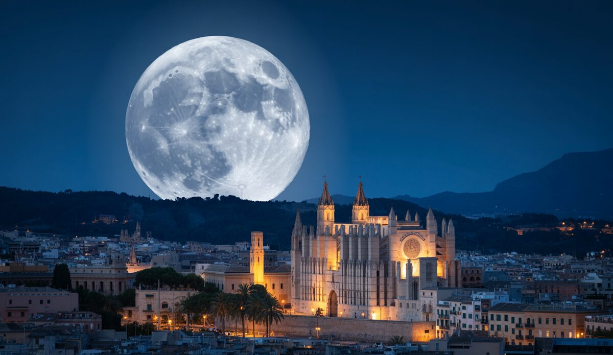 Supermond über Palma de Mallorca mit der Kathedrale im Vordergrund